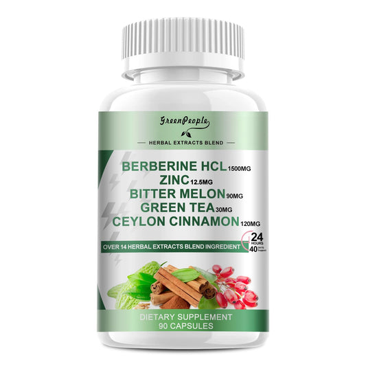 Bottle label reading GREENPEOPLE Berberine 1500mg with Ceylon Cinnamon