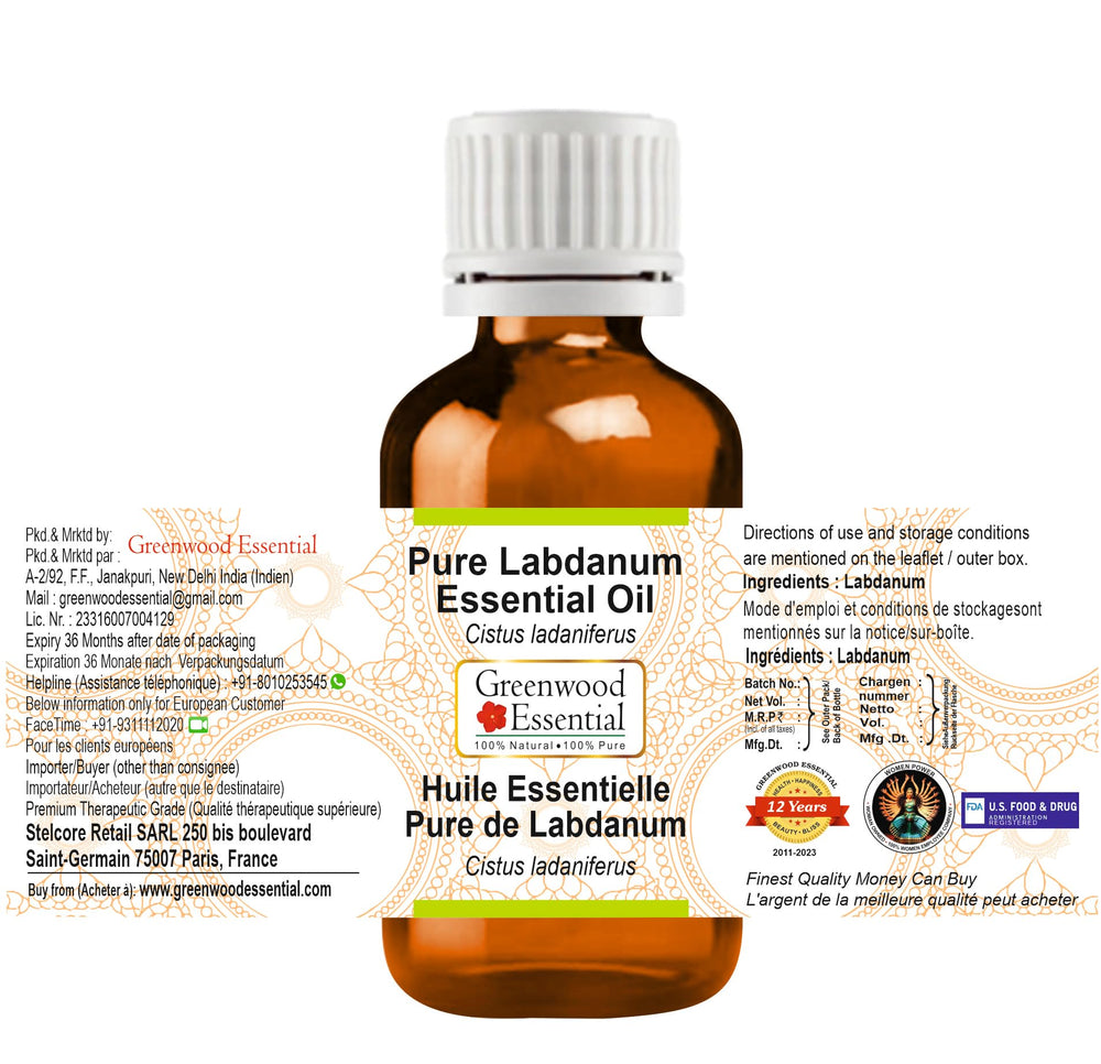 Labdanum essential oil 100ml bottle close-up