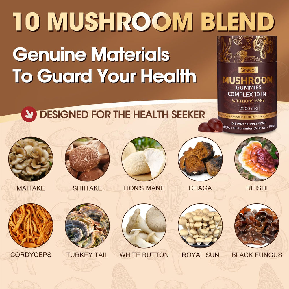 Gummies showing 10-mushroom complex blend