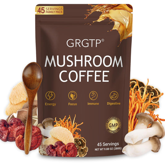 GRGTP Mushroom Coffee packaging featuring 45 servings