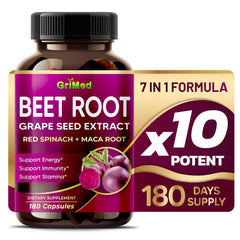 GriMed Beet Root 12-in-1 formula capsules bottle with grape seed, maca, red spinach and ashwagandha
