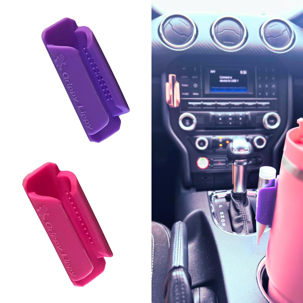 Grippy Lippy pink holder keeps lip balms upright for quick access.