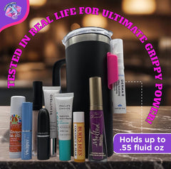 Grippy Lippy purple holder organizes gloss and balm for on-the-go use.