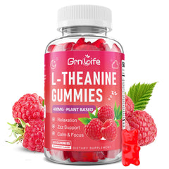 Bottle of GrnLife L-Theanine Gummy 60-count Raspberry flavor with label