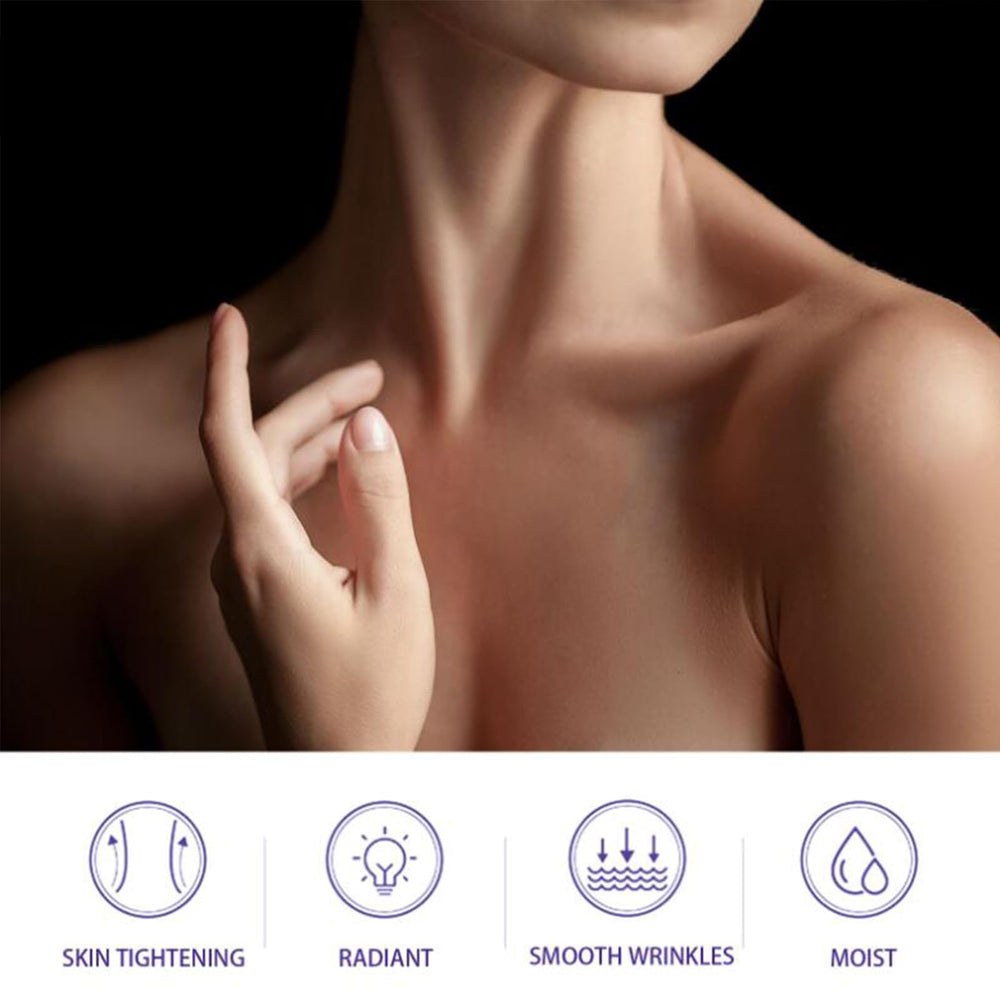Grospe neck cream being massaged onto the neck to improve elasticity.