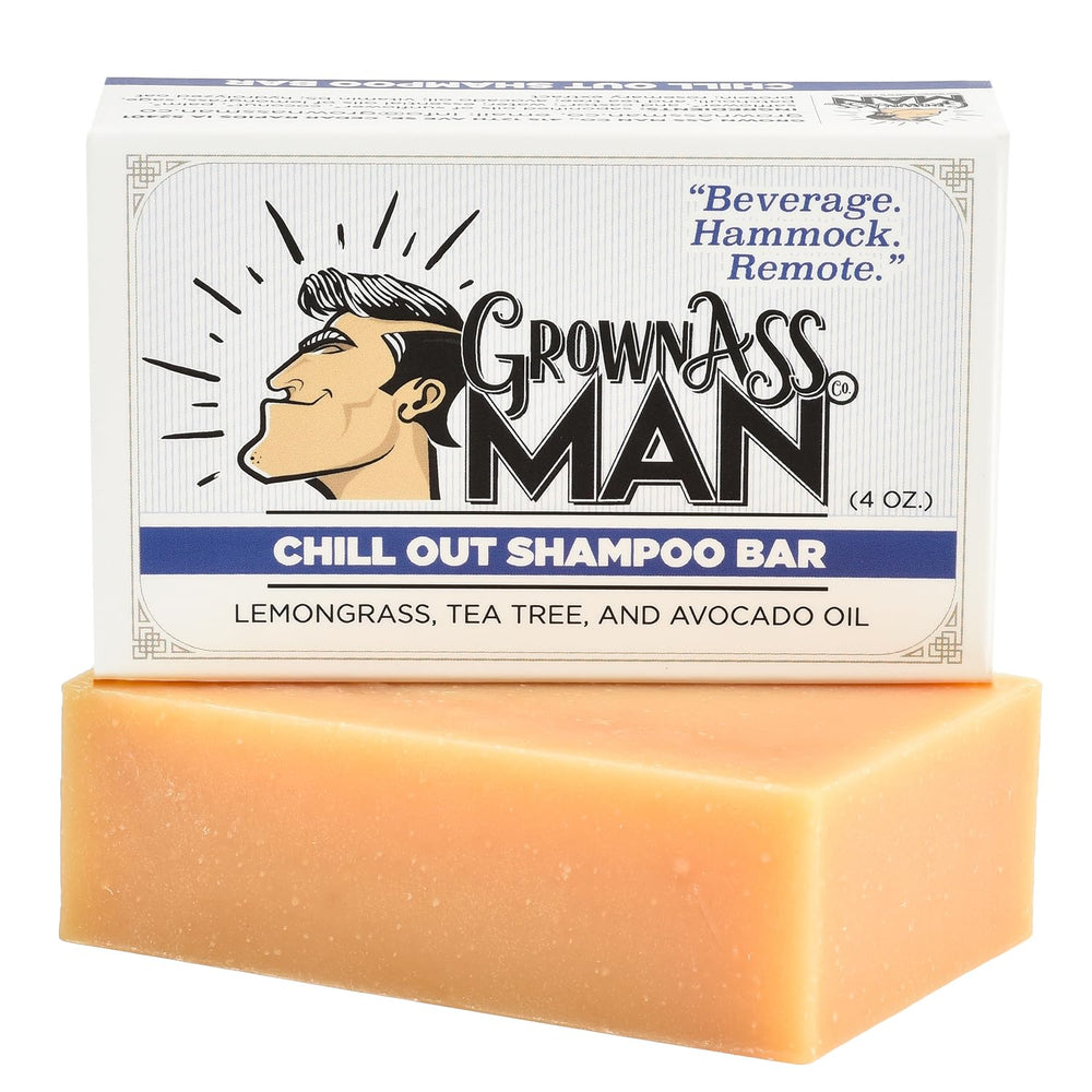 Grown Ass Man Co. Chill Out solid shampoo bar creates rich lather for daily hair cleansing.