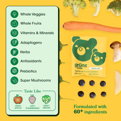 Close-up of Gruns sugar-free greens gummy bears for kids