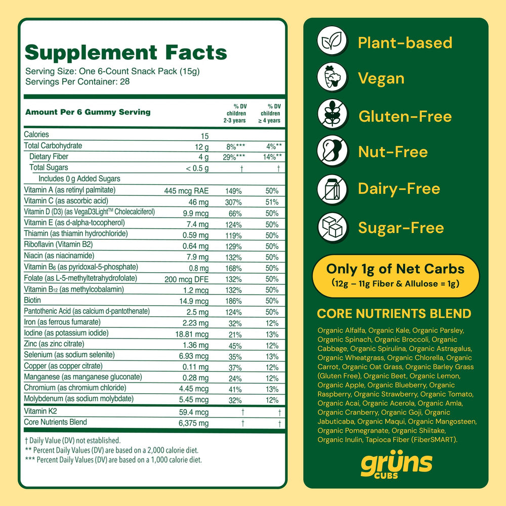 Close-up of Gruns Super Greens gummies showing colorful, plant-based ingredients