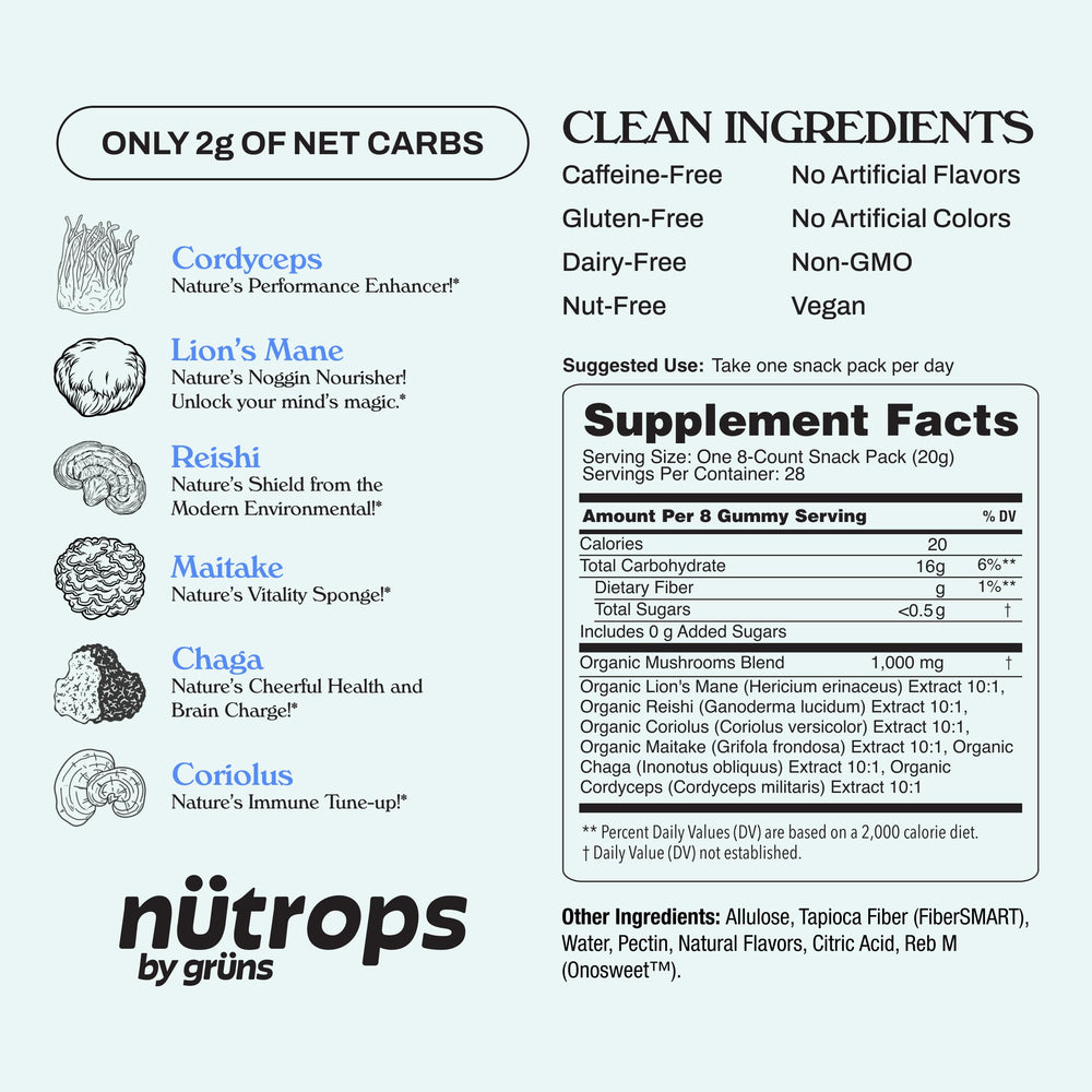 Grüns Nutrops travel-pack snack for easy daily routine.