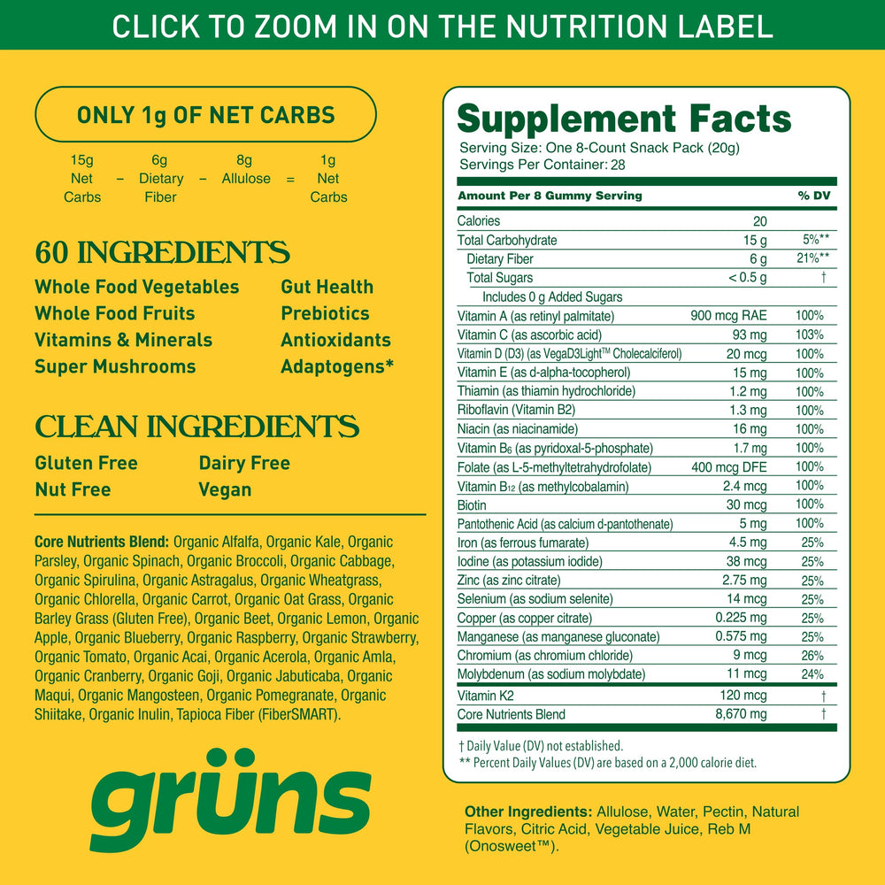 Grüns prebiotics and adaptogens pack showcases balanced daily nutrition routine.