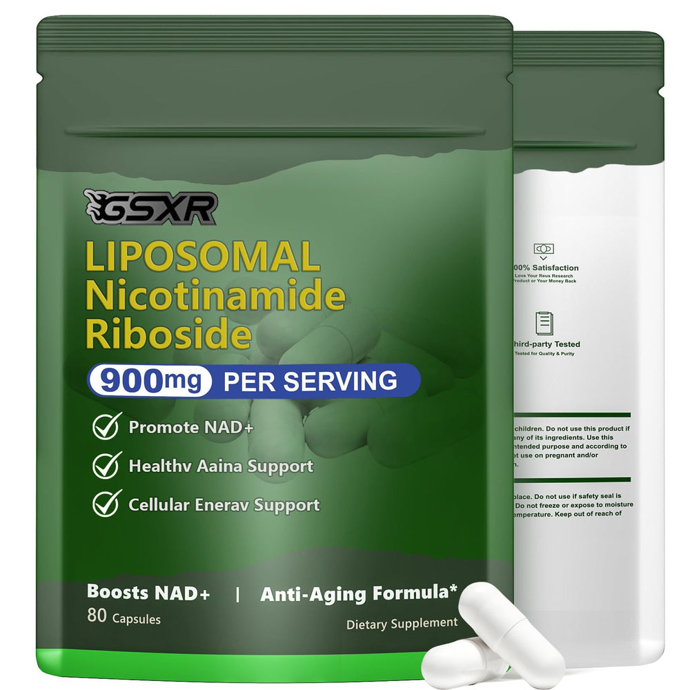 GSXR NAD+ 900MG liposomal NR Resveratrol supplement bottle and capsules