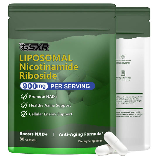 GSXR NAD+ 900MG liposomal NR Resveratrol supplement bottle and capsules