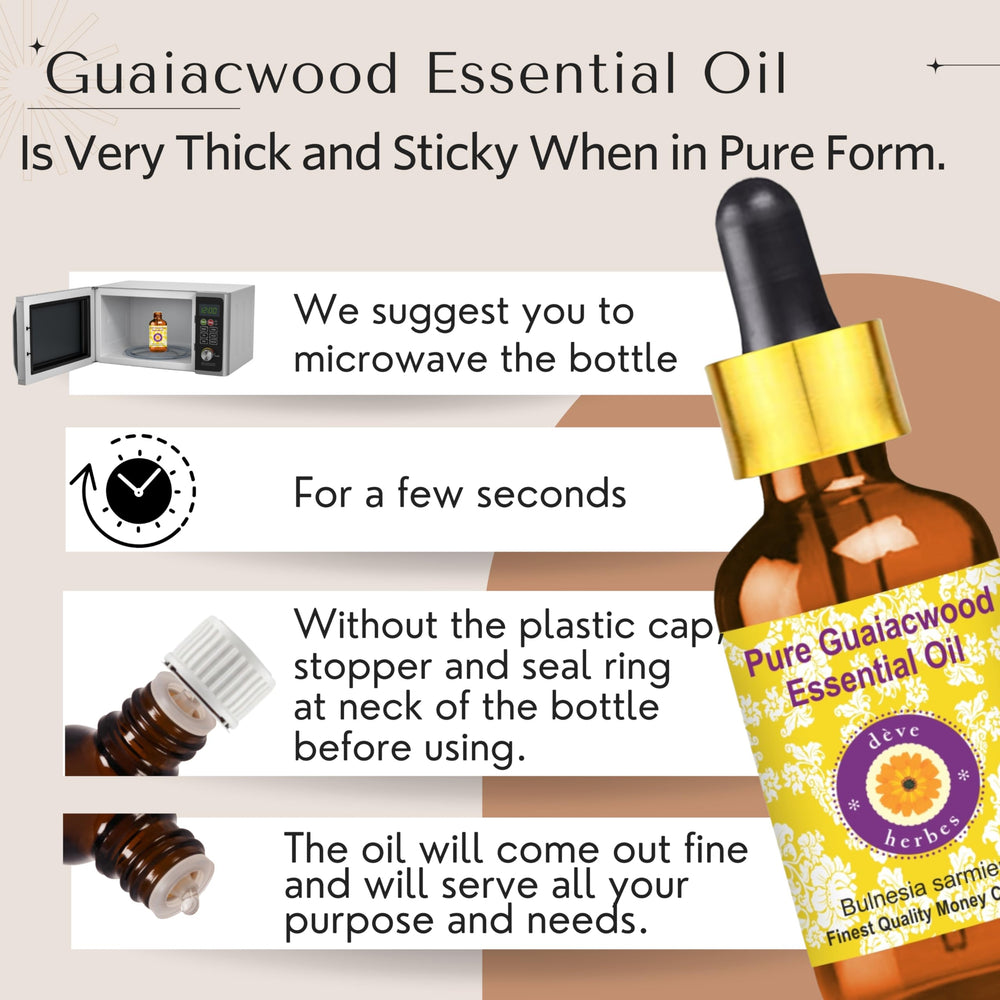 Close-up of amber bottle showing guaiacwood essential oil