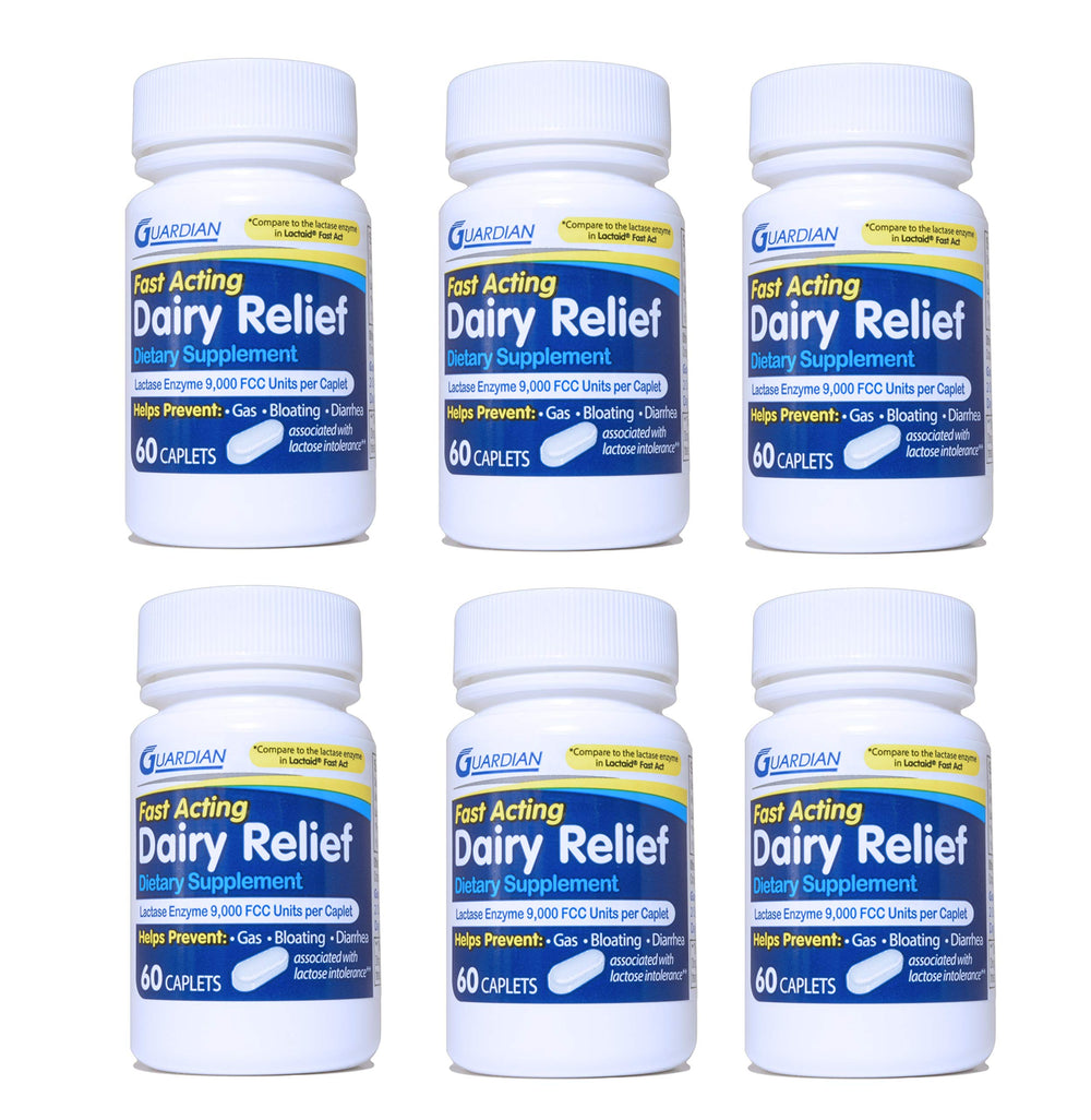 Guardian caplets lactase boîtes 360ct facilitant la digestion des produits laitiers après repas.