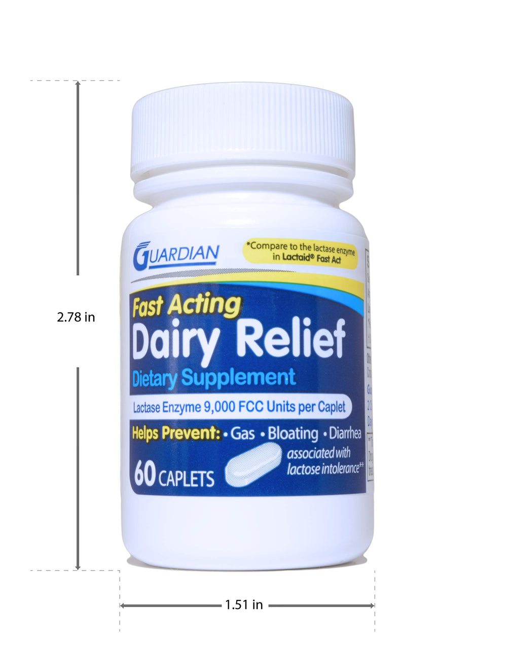 Guardian caplets lactase emballage verso, informations clés sur l'utilisation.