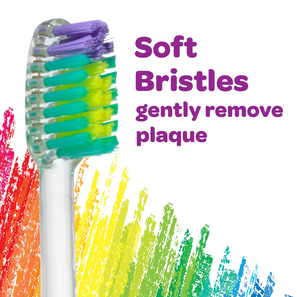 Child brushing with colorful Crayola-themed toothbrush