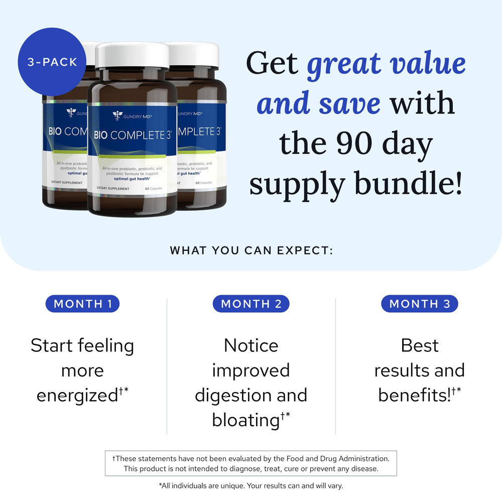 Close-up of Bio Complete 3 ingredients: probiotics, prebiotics and postbiotics