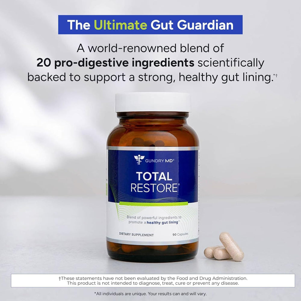Total Restore capsules visible inside bottle supporting daily digestion comfort.