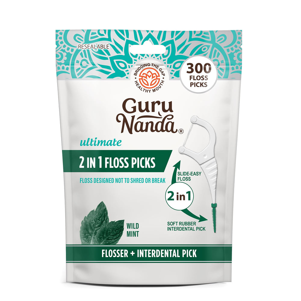 GuruNanda 2-in-1 dental floss picks with mint flavor packaging