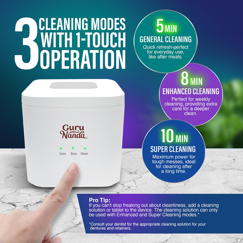 Cleaning pod in use with dentures in tank