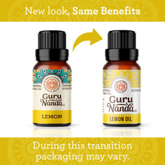 Close-up of GuruNanda Lemon Essential Oil bottle