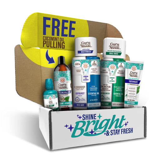 GuruNanda Shine Bright Stay Fresh dual-barrel whitening mouthwash and neem toothpaste bundle – front view