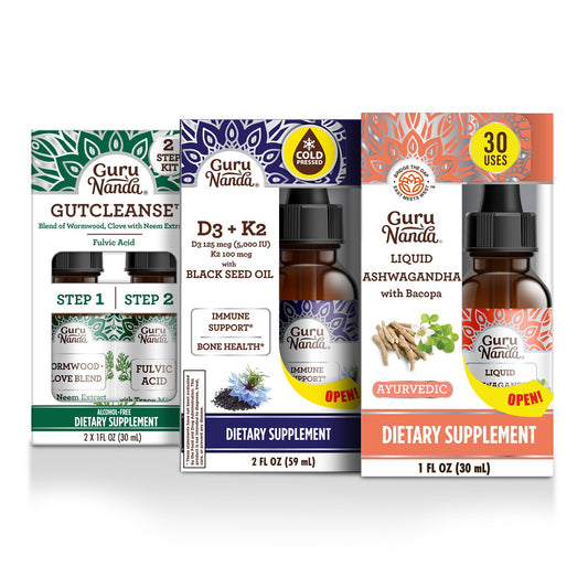 GuruNanda Total Wellness Boost bottle with Ashwagandha, Black Seed Oil and GutCleanse