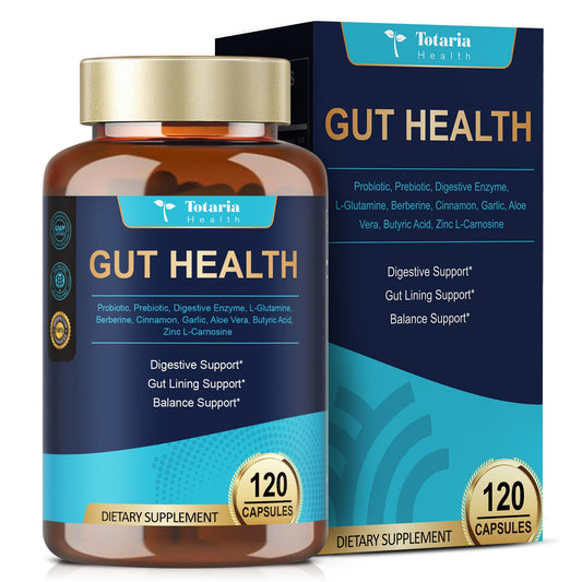 Bottle showcasing the 4-in-1 gut health formula with 120 capsules