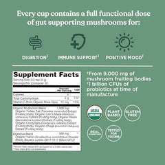 Ingredients showcasing ten functional mushrooms including Chaga and Reishi