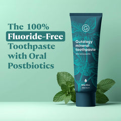 Close-up of Gutology probiotic toothpaste tube with Wild Mint flavor