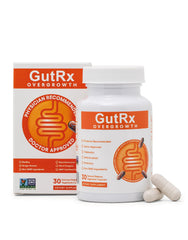 GutRx Overgrowth bottle front showcases a vegan probiotic blend for gut health.