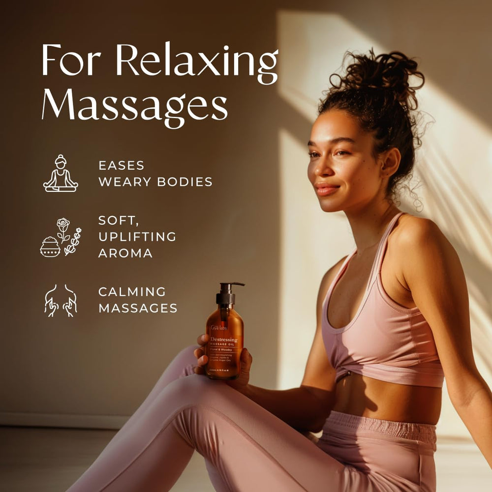 Destressing Massage Oil bottle label showing natural ingredients