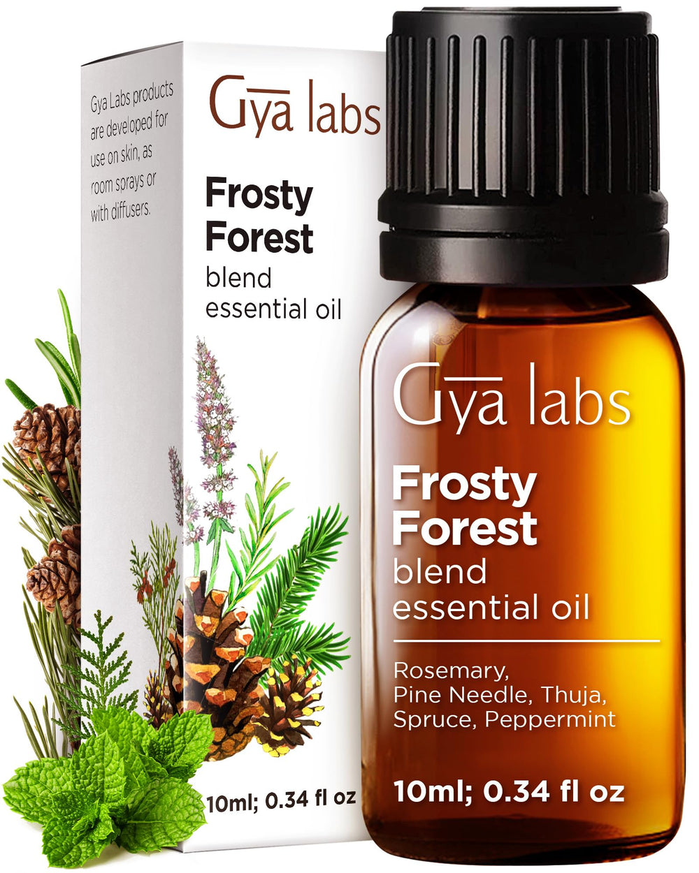 Gya Labs Frosty Forest essential oil blend bottle in amber glass