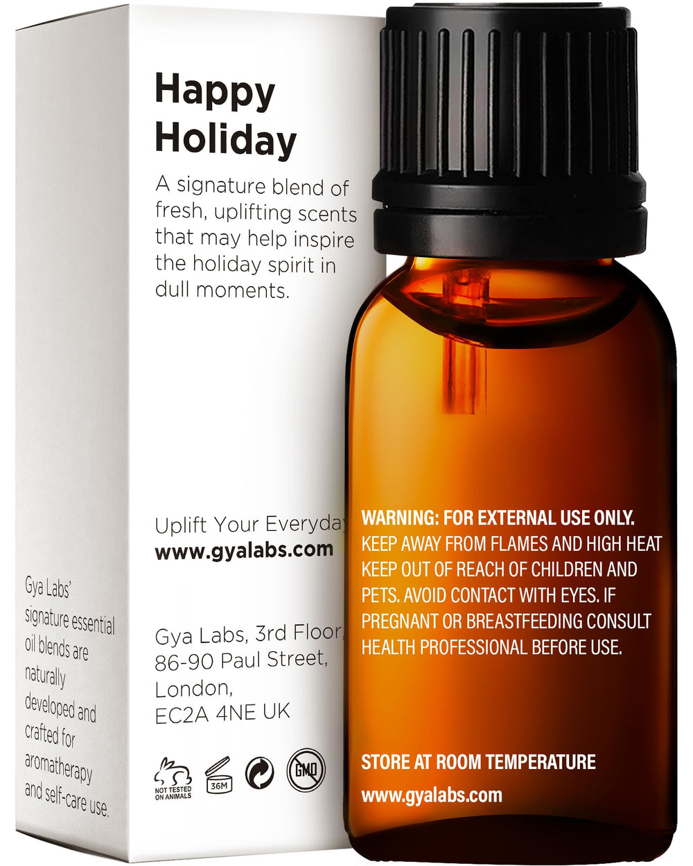 Close-up of the Holiday Essential Oil Blend label