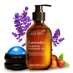 Bottle of Gya Labs Lavender Relaxation Massage Oil with roller ball