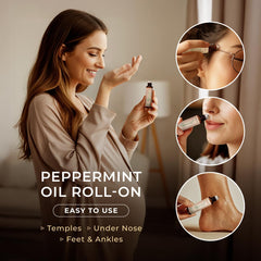 Peppermint leaves beside the roll-on bottle
