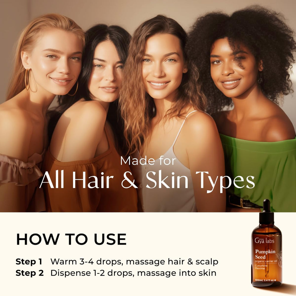 Pouring pumpkin seed oil onto hair and scalp