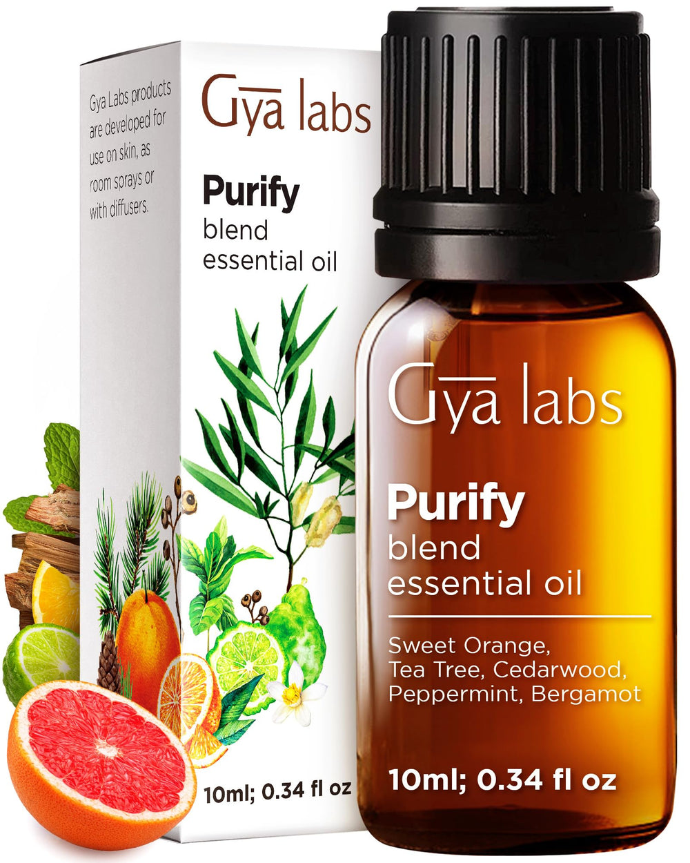 Gya Labs Purify essential oil blend bottle with diffuser in the background