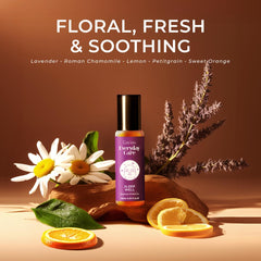 Label showing essential oils included: lavender, roman chamomile, lemon, petitgrain, sweet orange