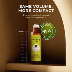 Compact travel-friendly Brain Booster roll-on in use