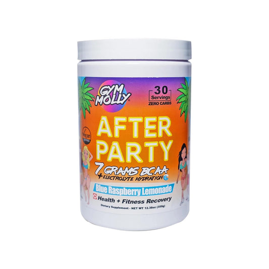 Gym Molly After Party Vegan BCAA Powder blue raspberry packaging