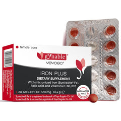 Gynable Iron Plus bottle with 18 mg slow-release iron tablets