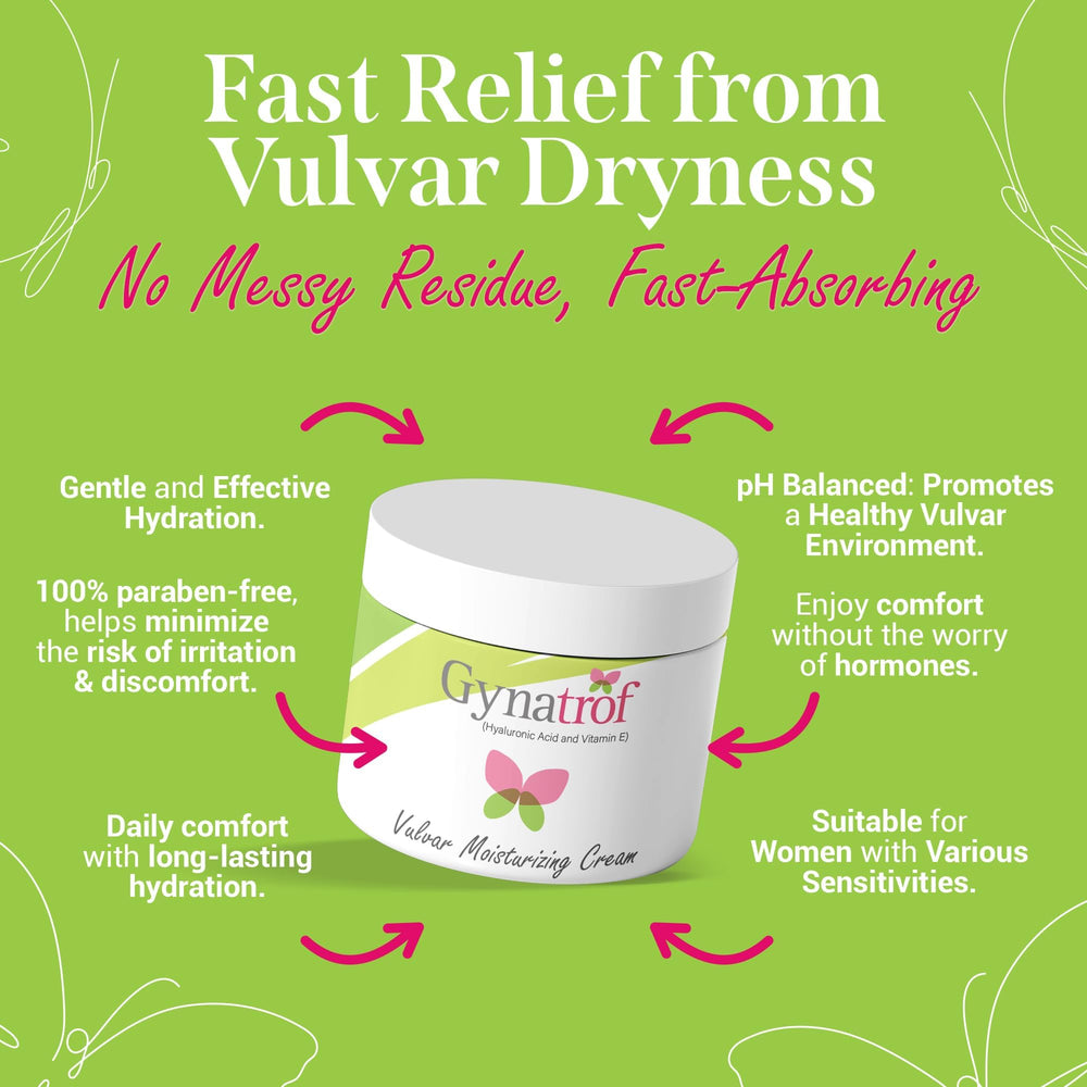 Gynatrof Vulva Moisture Cream closeup skin illustrates gentle care for sensitive areas.