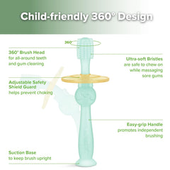 Flexible 100% silicone bristles safe for teething gums