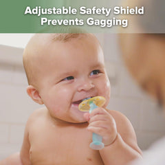 Adjustable choke-free safety shield on toothbrush