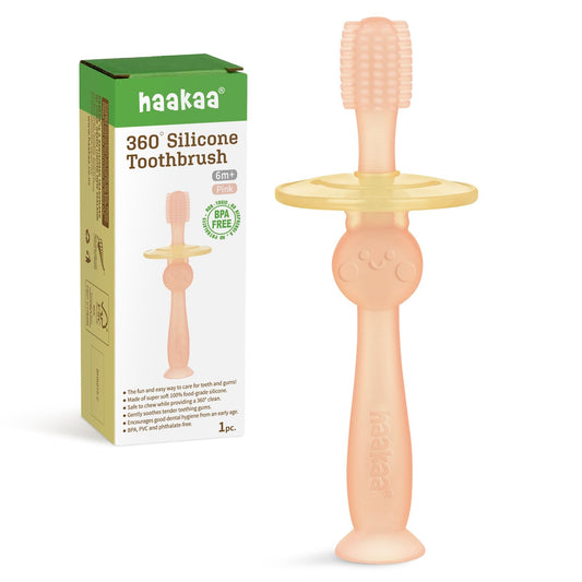 Haakaa 360° Baby Toothbrush with Suction Base – Pink, front view