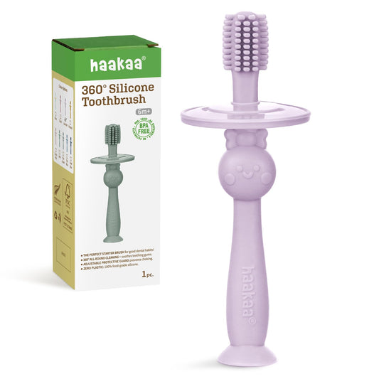 Front view of Haakaa 360° Baby Toothbrush with suction base in lavender