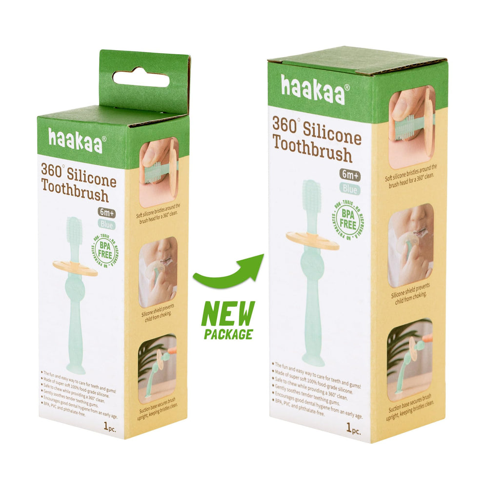 Blue haakaa 360° toothbrush with packaging
