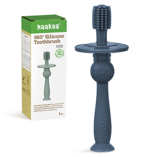 Haakaa 360° Baby Toothbrush with suction base in steel blue