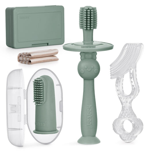 haakaa Training Toothbrush Set Pea Green – Stage 1 Finger Baby Toothbrush (0-6 months)